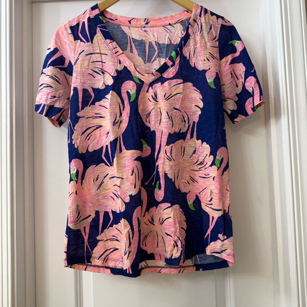 Lilly Pulitzer Blue and Pink Flutter Sleeve Graphic Tee